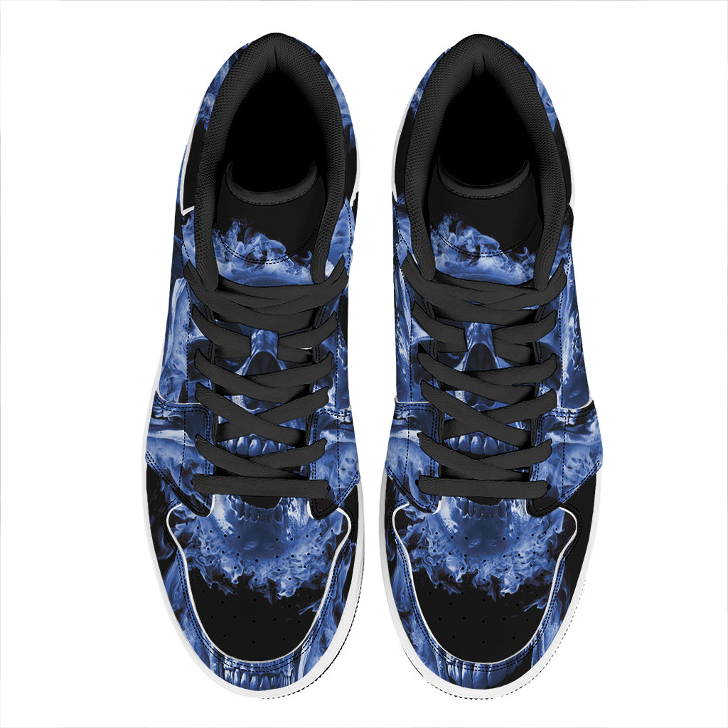 Blue Flaming Skull Print High Top Leather Sneakers