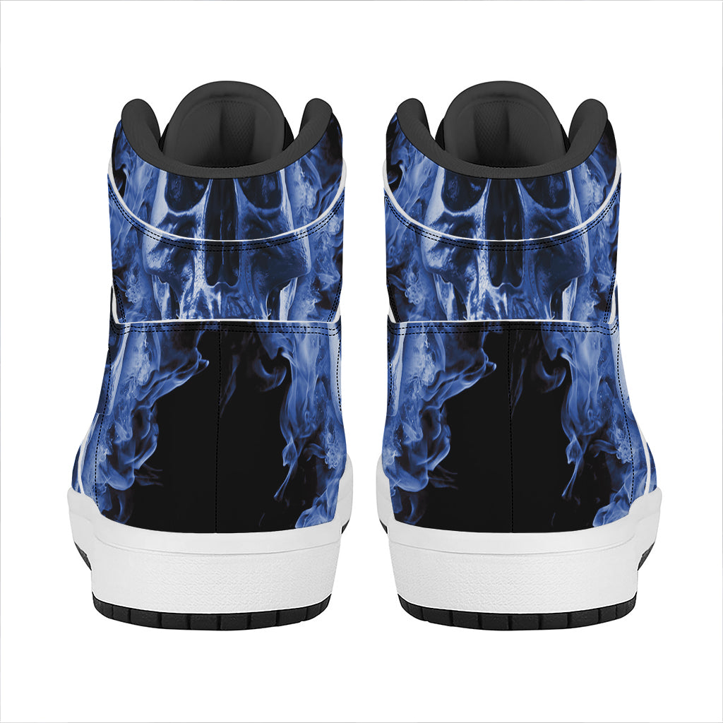 Blue Flaming Skull Print High Top Leather Sneakers
