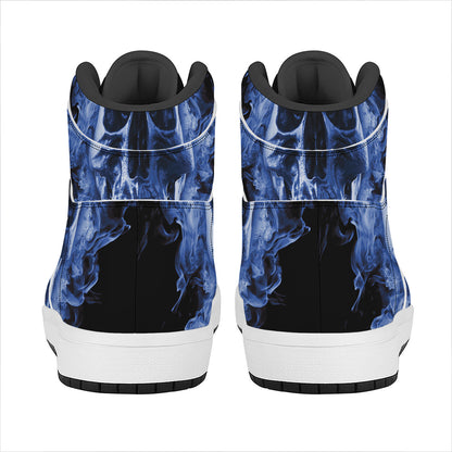 Blue Flaming Skull Print High Top Leather Sneakers