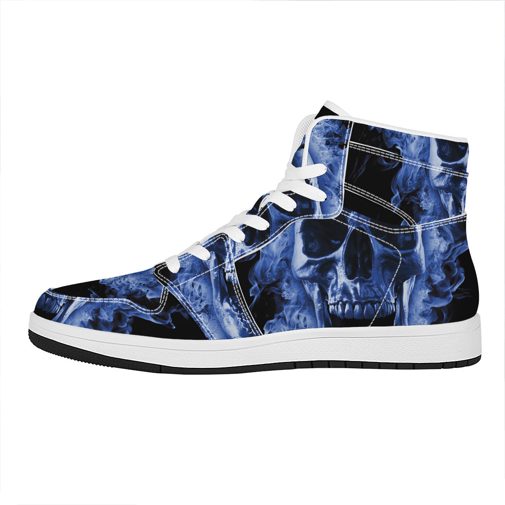 Blue Flaming Skull Print High Top Leather Sneakers