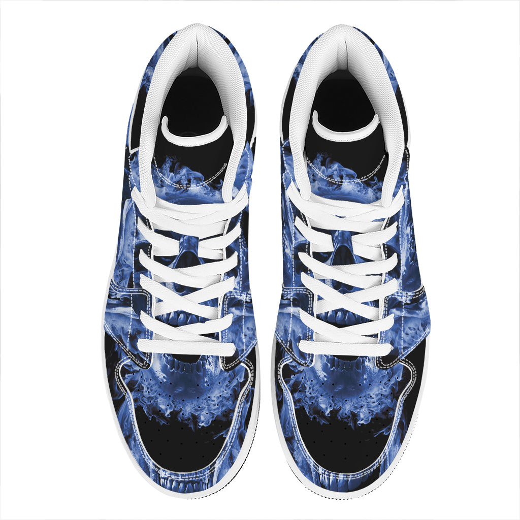 Blue Flaming Skull Print High Top Leather Sneakers