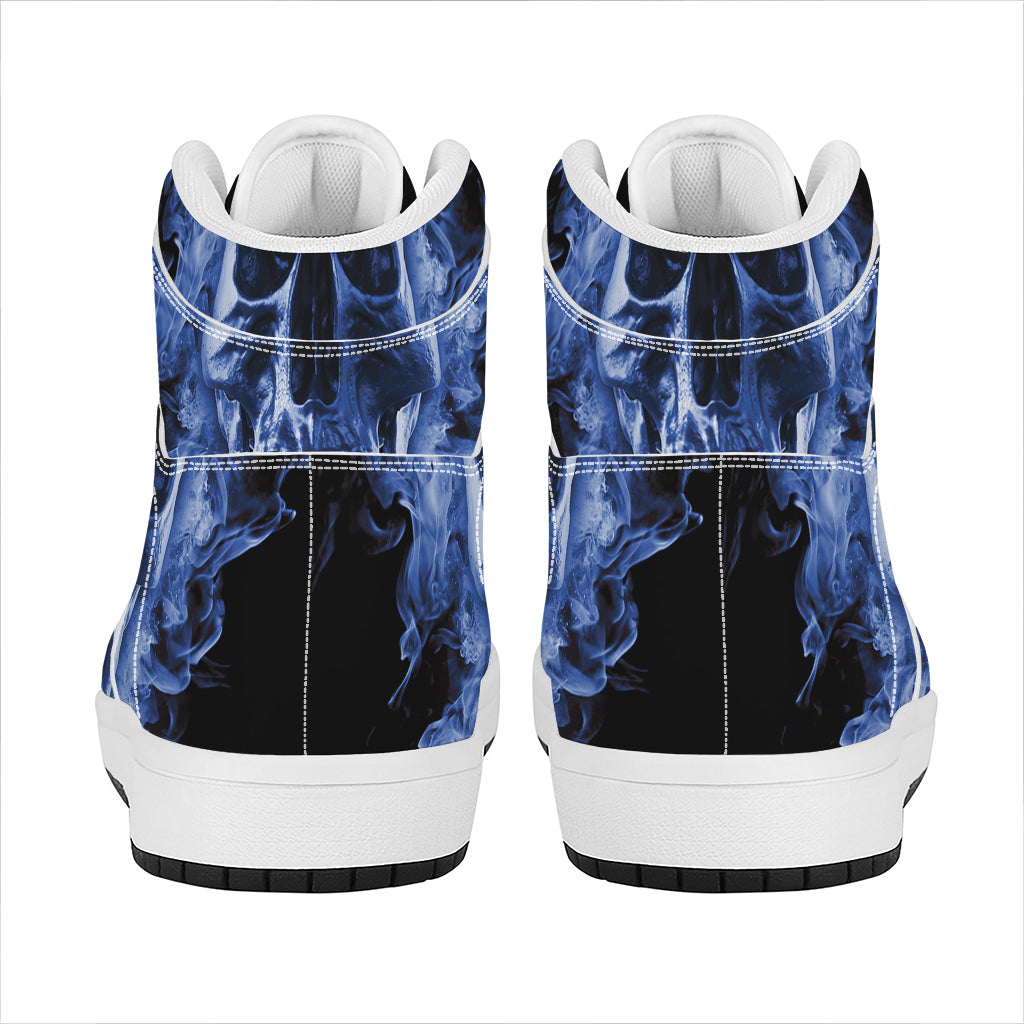 Blue Flaming Skull Print High Top Leather Sneakers