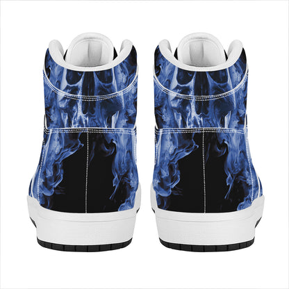 Blue Flaming Skull Print High Top Leather Sneakers