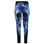 Blue Flaming Skull Print High-Waisted Pocket Leggings