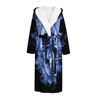Blue Flaming Skull Print Hooded Bathrobe