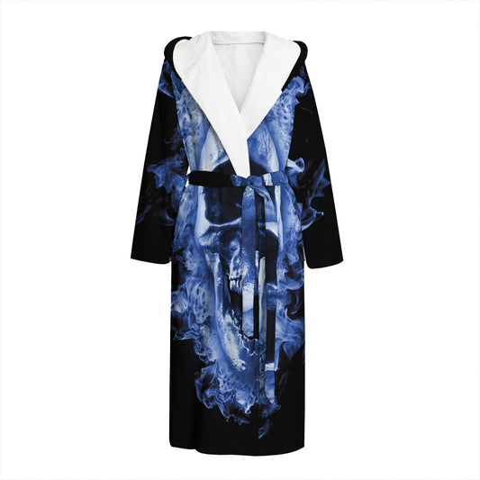Blue Flaming Skull Print Hooded Bathrobe