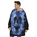 Blue Flaming Skull Print Hoodie Blanket