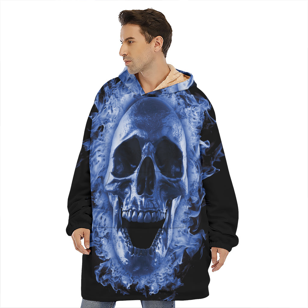 Blue Flaming Skull Print Hoodie Blanket