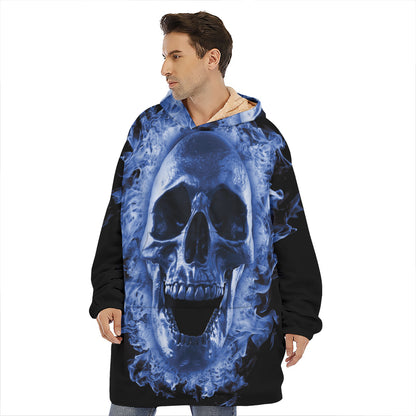 Blue Flaming Skull Print Hoodie Blanket