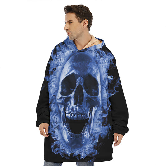 Blue Flaming Skull Print Hoodie Blanket