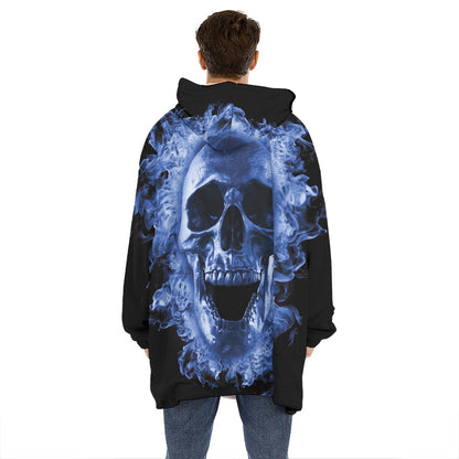 Blue Flaming Skull Print Hoodie Blanket