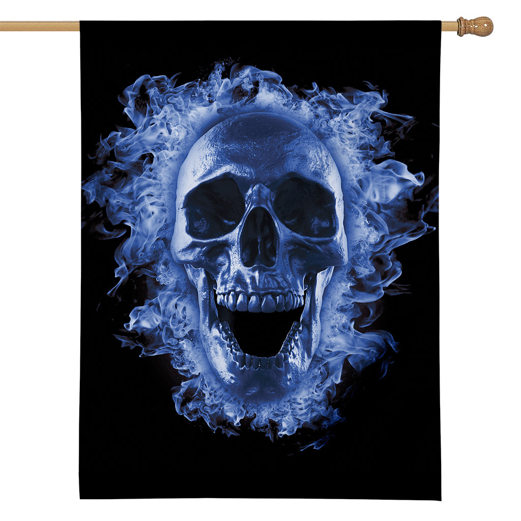 Blue Flaming Skull Print House Flag