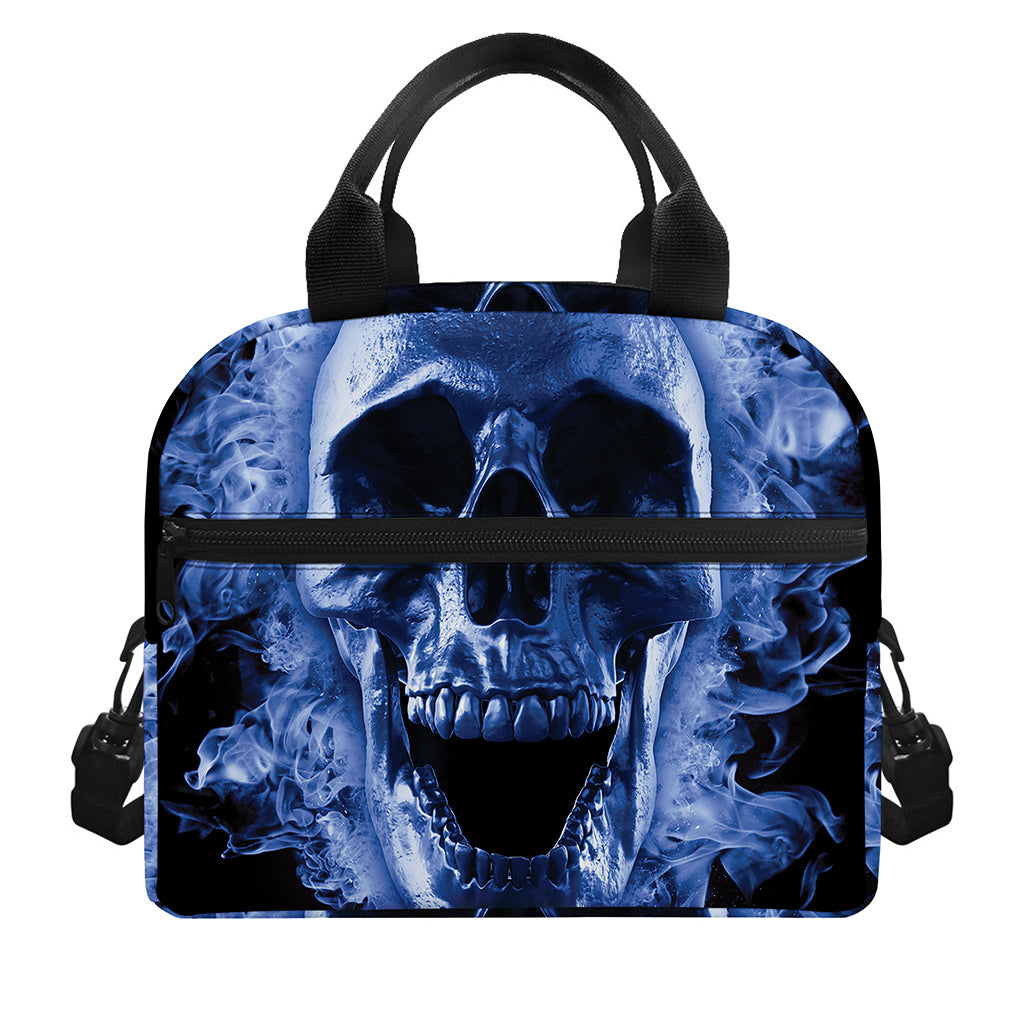 Blue Flaming Skull Print Insulated Lunch Bag