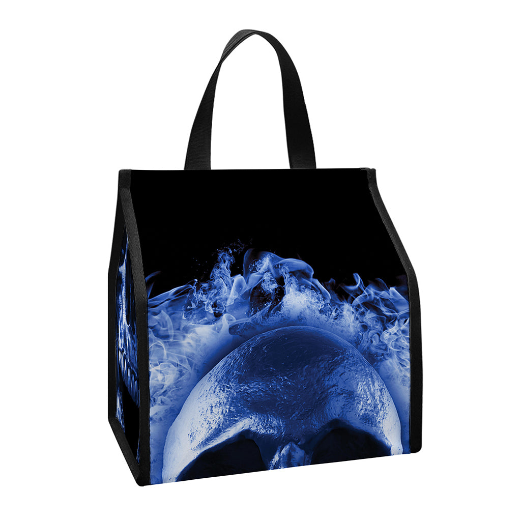 Blue Flaming Skull Print Insulated Lunch Tote