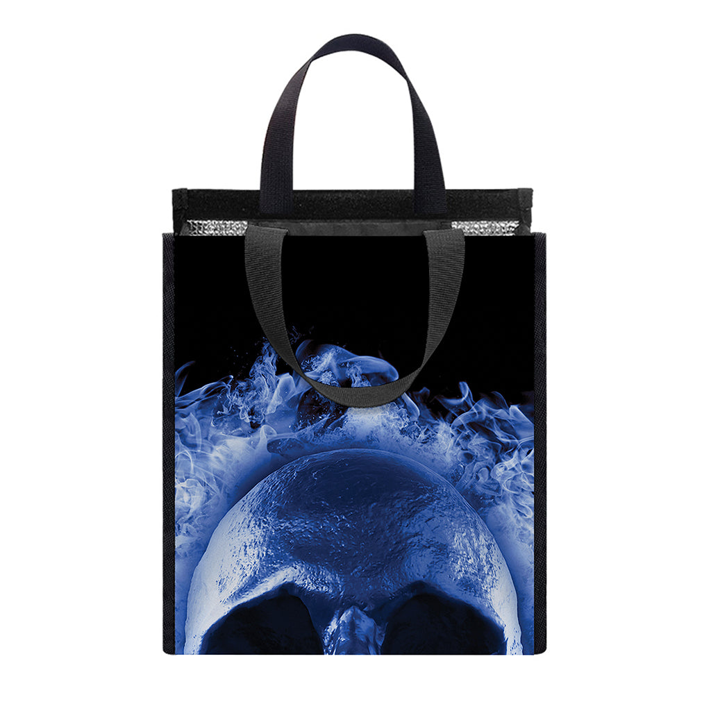 Blue Flaming Skull Print Insulated Lunch Tote