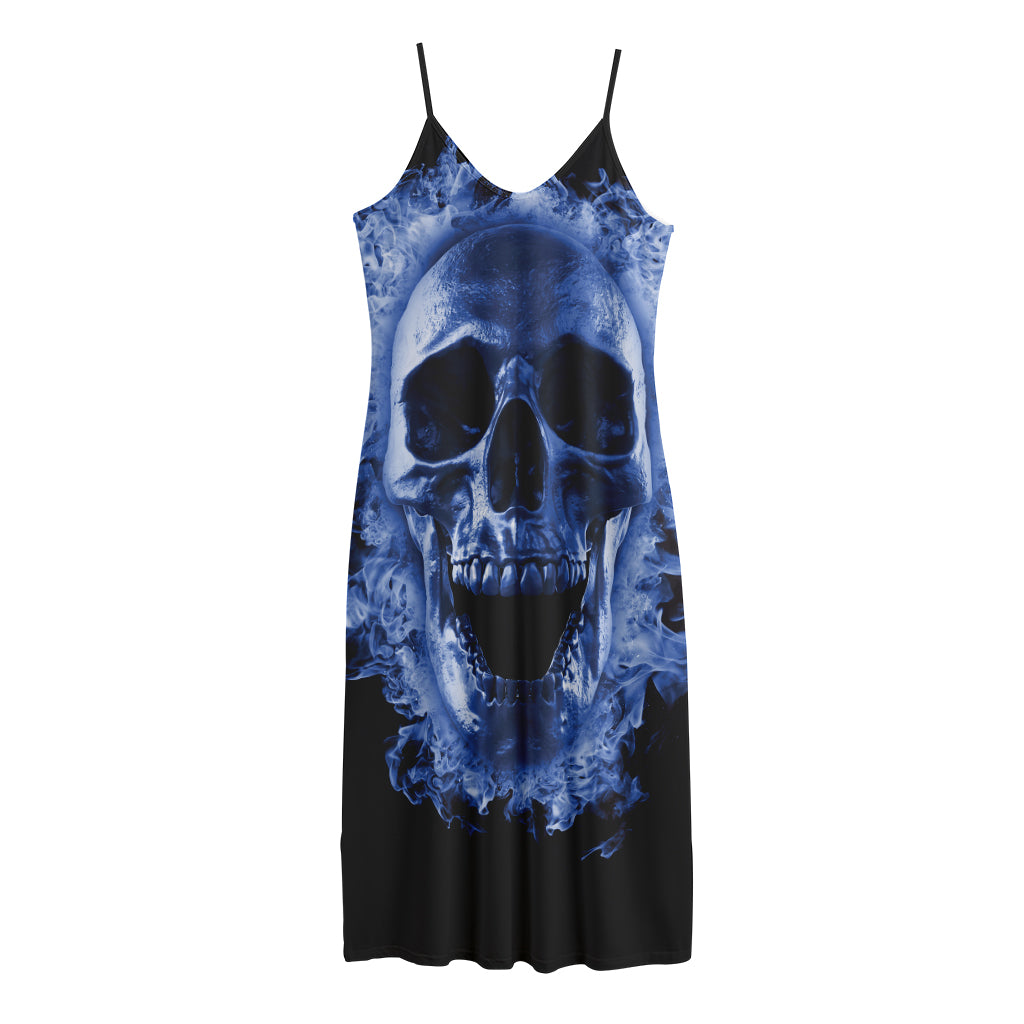 Blue Flaming Skull Print Jersey Midi Cami Dress