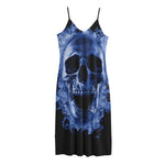 Blue Flaming Skull Print Jersey Midi Cami Dress