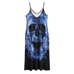 Blue Flaming Skull Print Jersey Midi Cami Dress