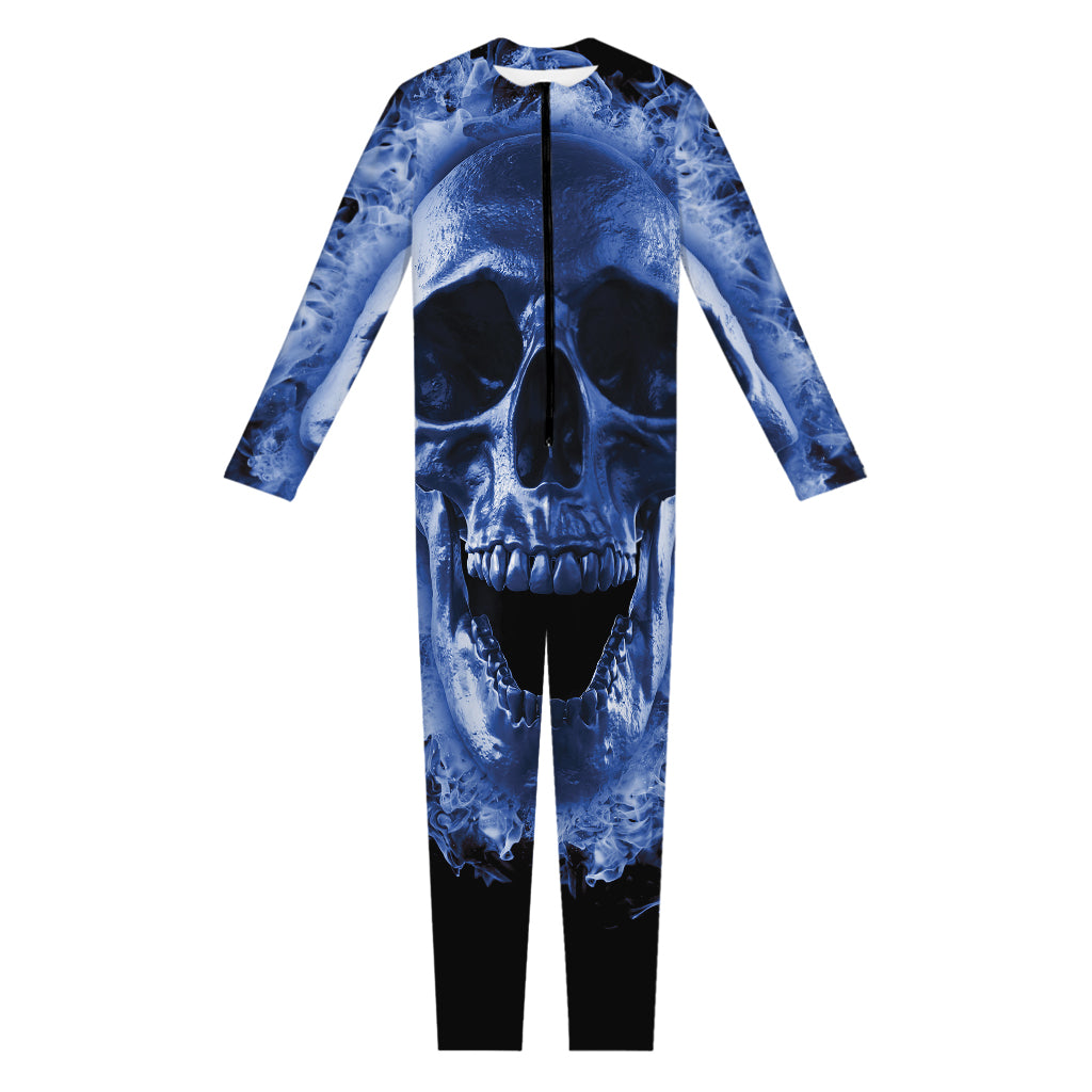 Blue Flaming Skull Print Jumpsuit