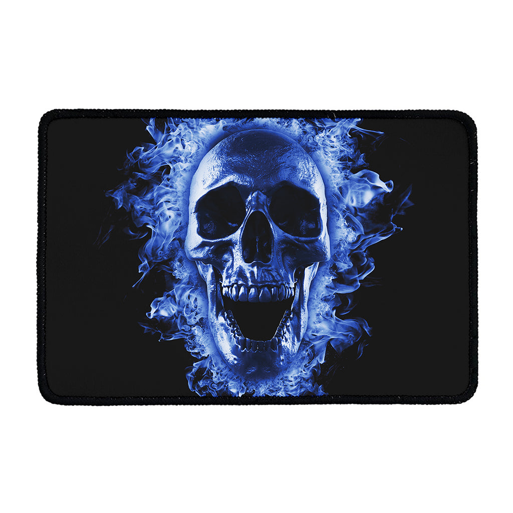 Blue Flaming Skull Print Kitchen Mat