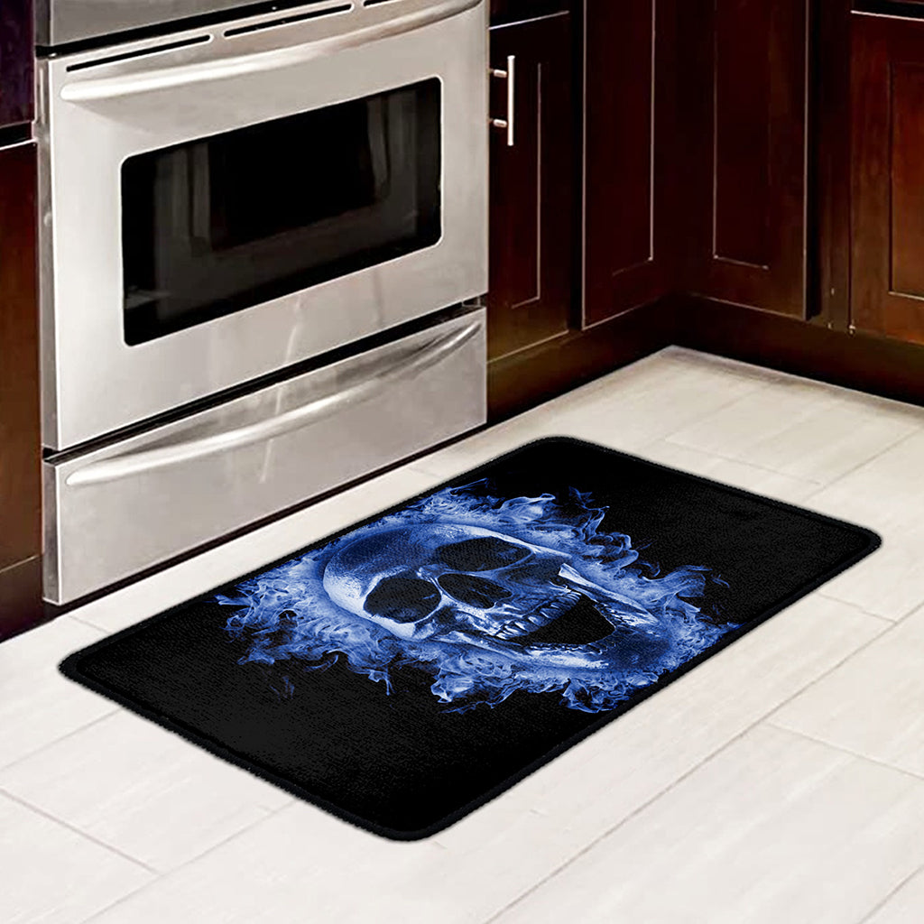 Blue Flaming Skull Print Kitchen Mat