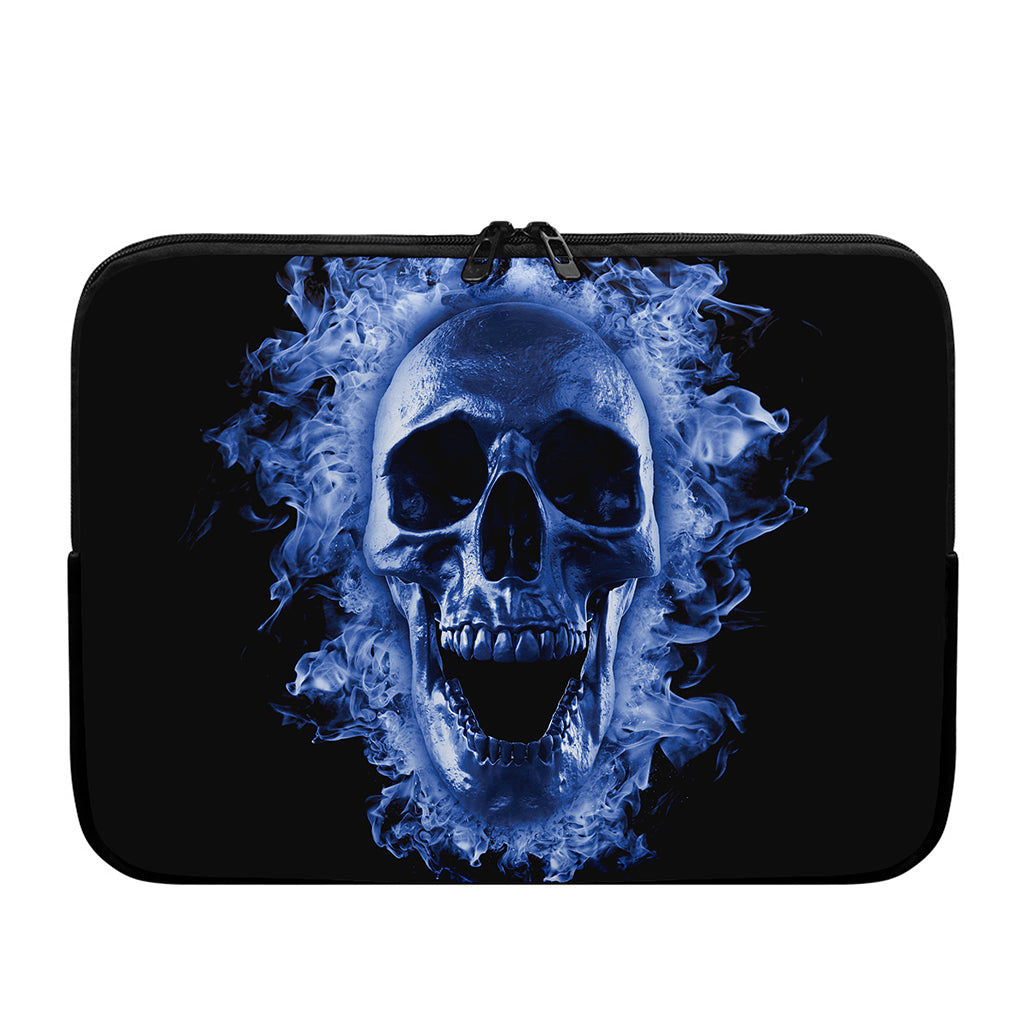 Blue Flaming Skull Print Laptop Sleeve