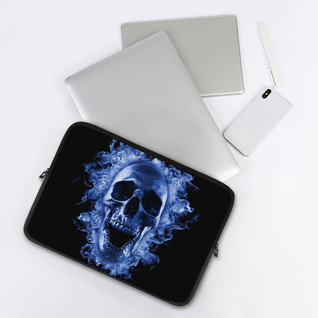 Blue Flaming Skull Print Laptop Sleeve