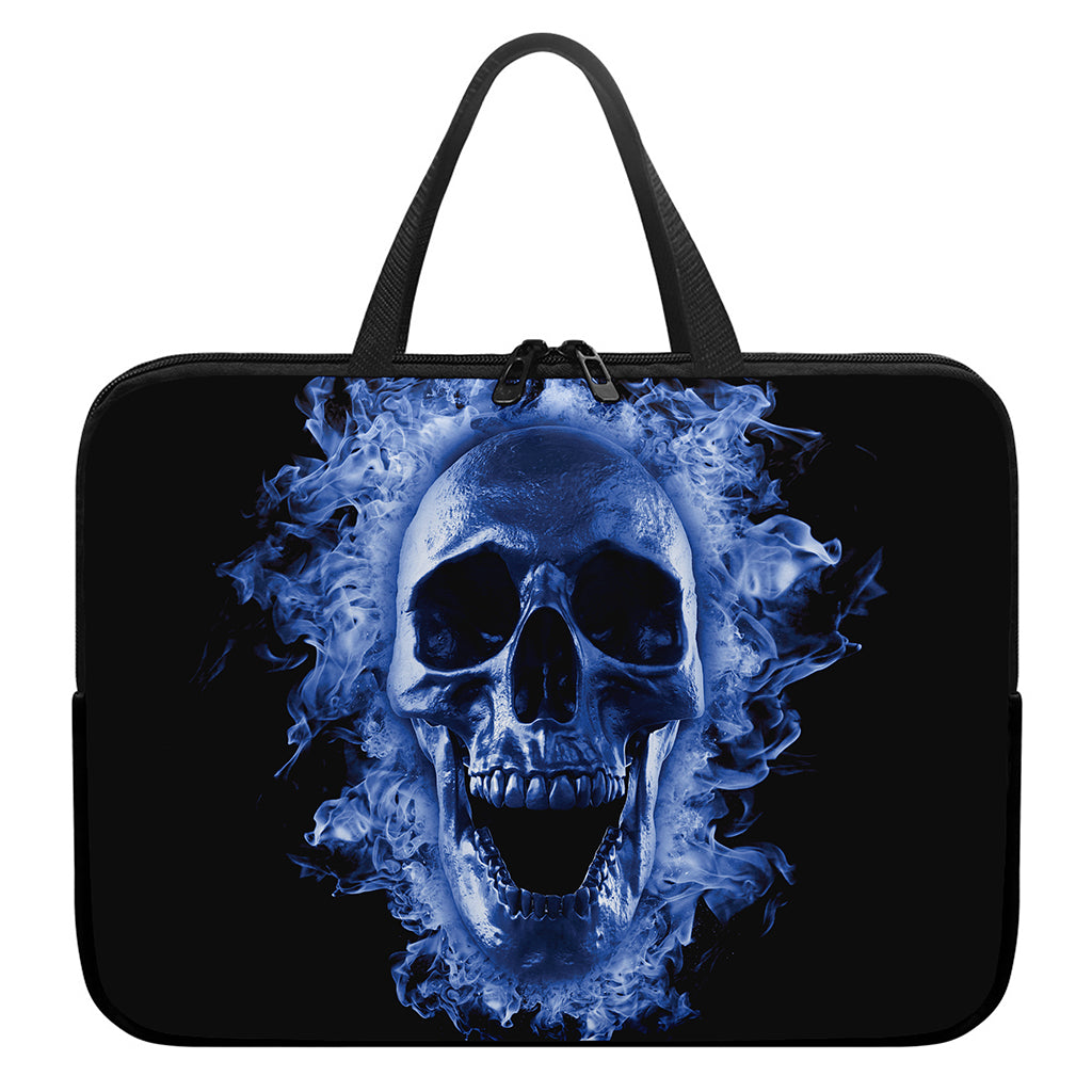 Blue Flaming Skull Print Laptop Sleeve With Handle