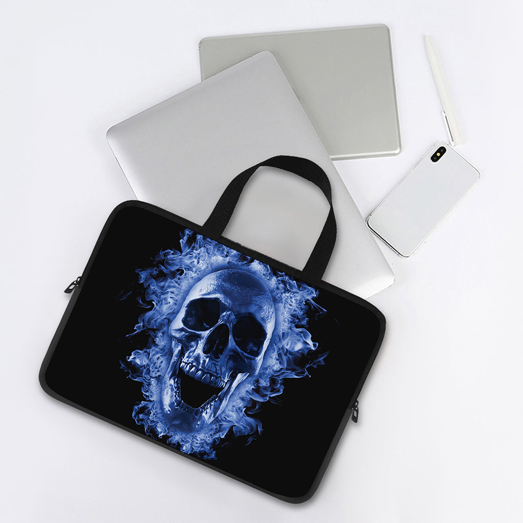 Blue Flaming Skull Print Laptop Sleeve With Handle