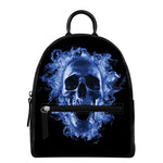 Blue Flaming Skull Print Leather Backpack