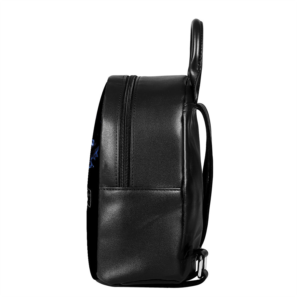 Blue Flaming Skull Print Leather Backpack