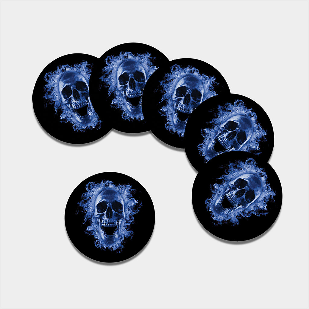 Blue Flaming Skull Print Leather Coaster Set
