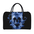 Blue Flaming Skull Print Leather Duffel Bag