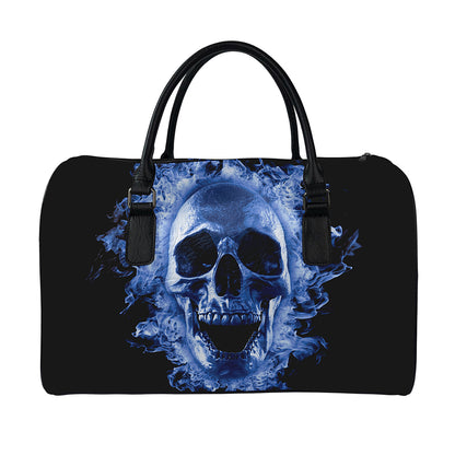 Blue Flaming Skull Print Leather Duffle Bag