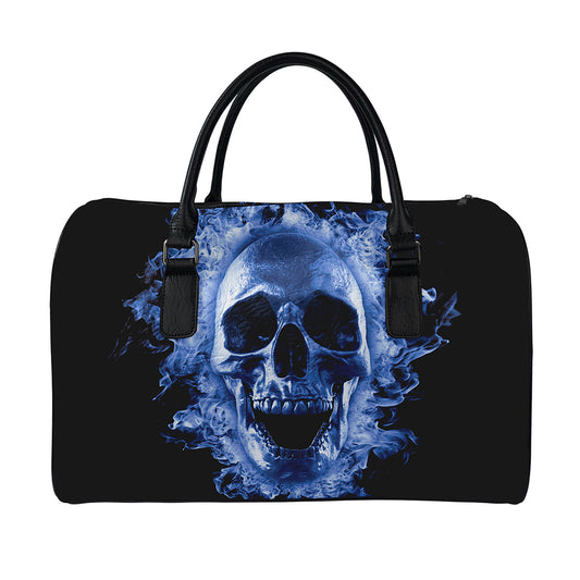 Blue Flaming Skull Print Leather Duffle Bag