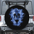 Blue Flaming Skull Print Leather Spare Tire Cover