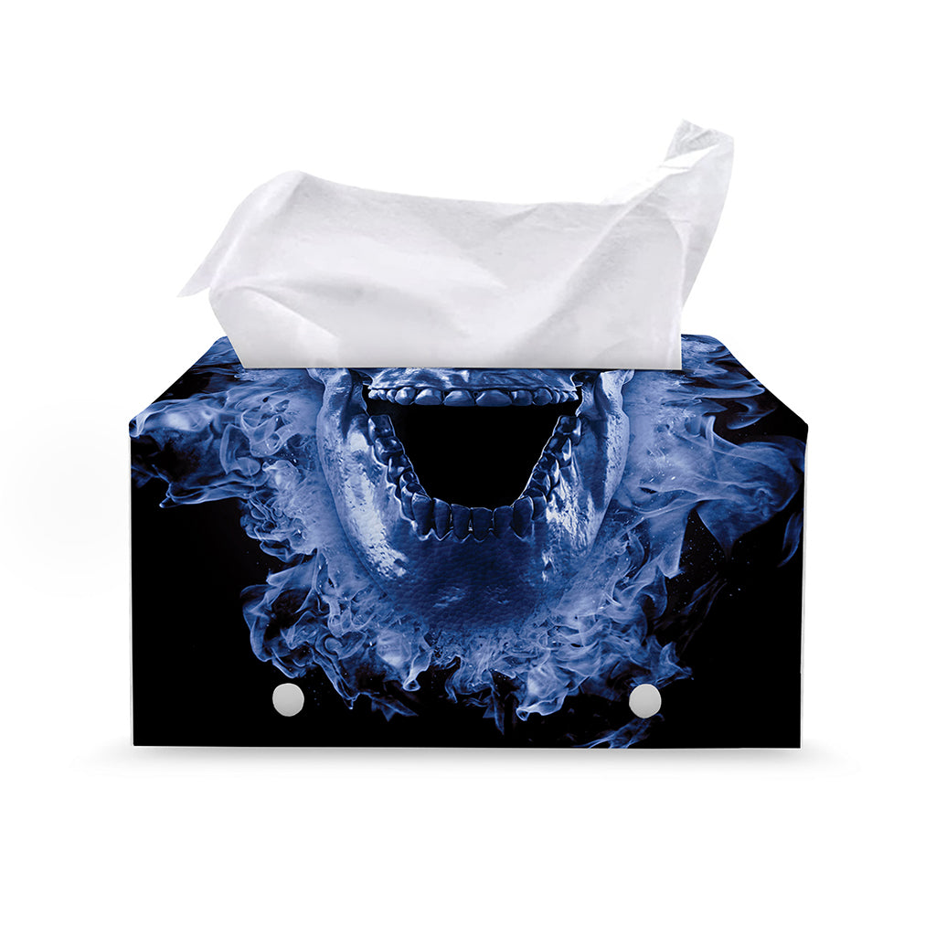 Blue Flaming Skull Print Leather Tissue Box Cover