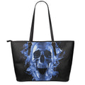 Blue Flaming Skull Print Leather Tote Bag With Zipper
