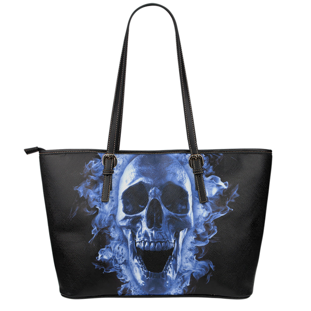 Blue Flaming Skull Print Leather Tote Bag