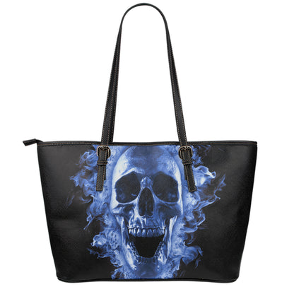 Blue Flaming Skull Print Leather Tote Bag