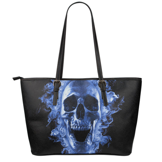 Blue Flaming Skull Print Leather Tote Bag
