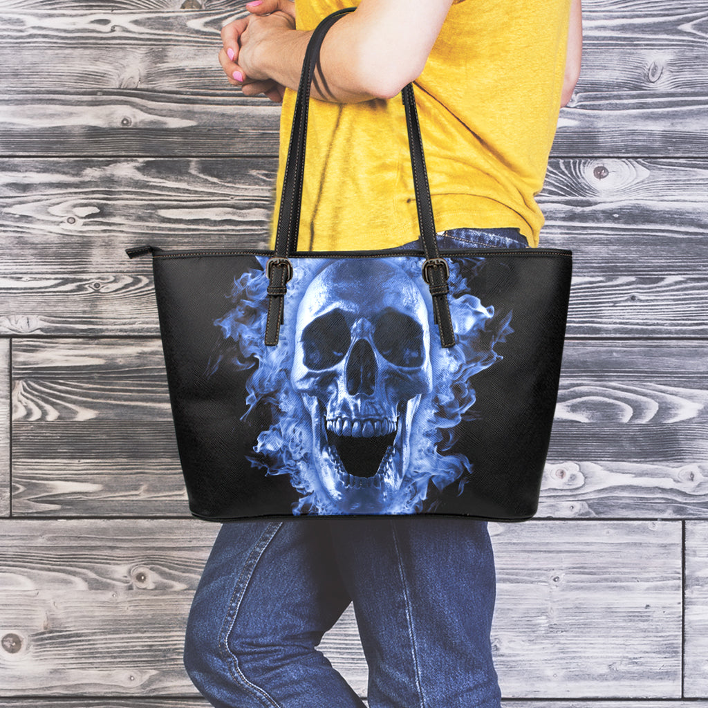 Blue Flaming Skull Print Leather Tote Bag