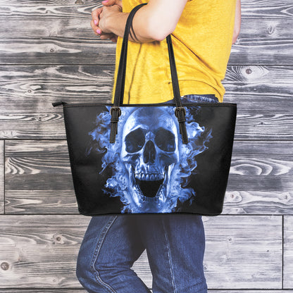 Blue Flaming Skull Print Leather Tote Bag