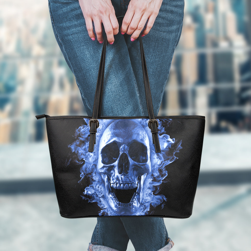 Blue Flaming Skull Print Leather Tote Bag