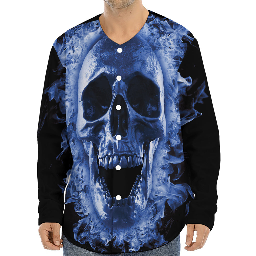 Blue Flaming Skull Print Long Sleeve Baseball Jersey
