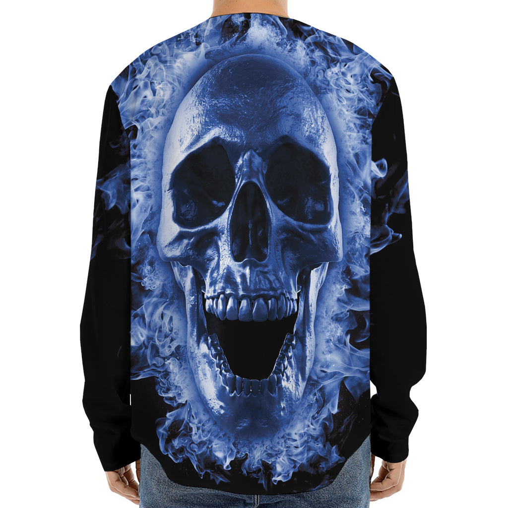 Blue Flaming Skull Print Long Sleeve Baseball Jersey