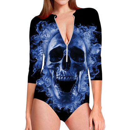 Blue Flaming Skull Print Long Sleeve Swimsuit