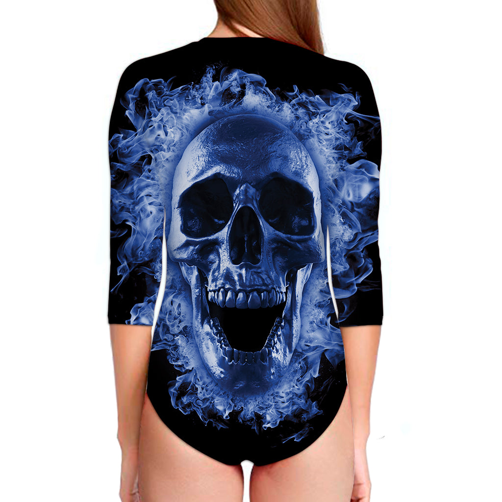 Blue Flaming Skull Print Long Sleeve Swimsuit