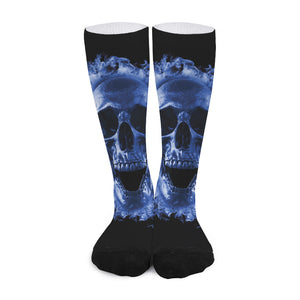 Blue Flaming Skull Print Long Socks