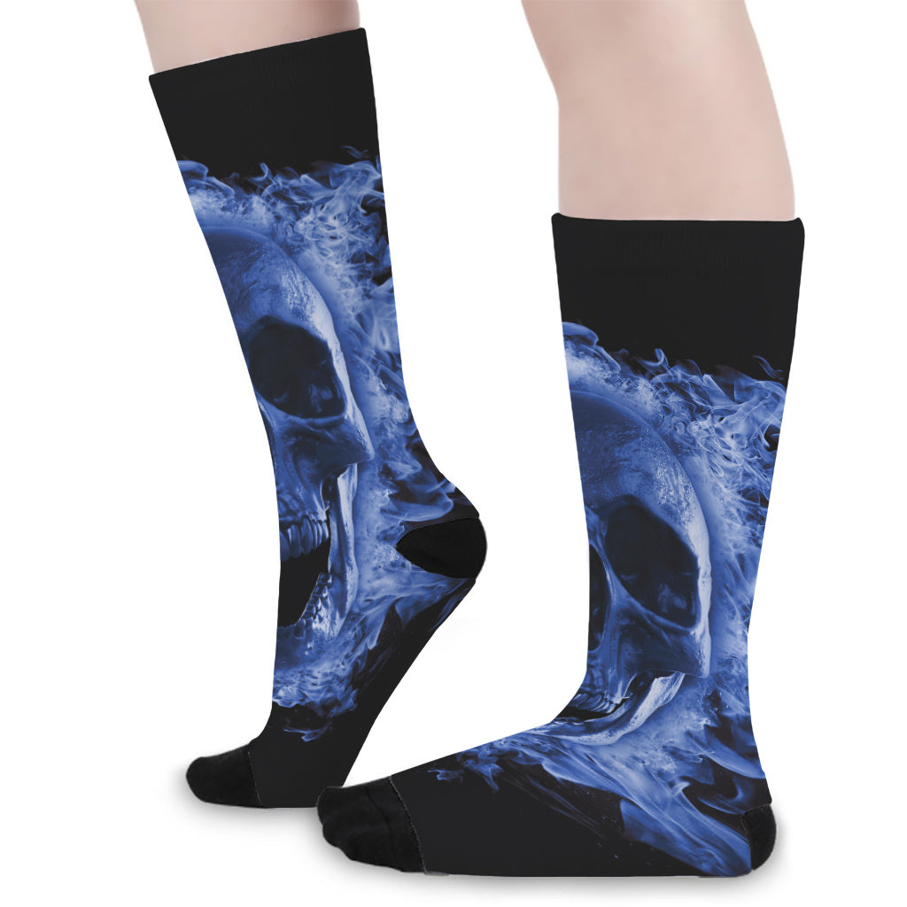 Blue Flaming Skull Print Long Socks